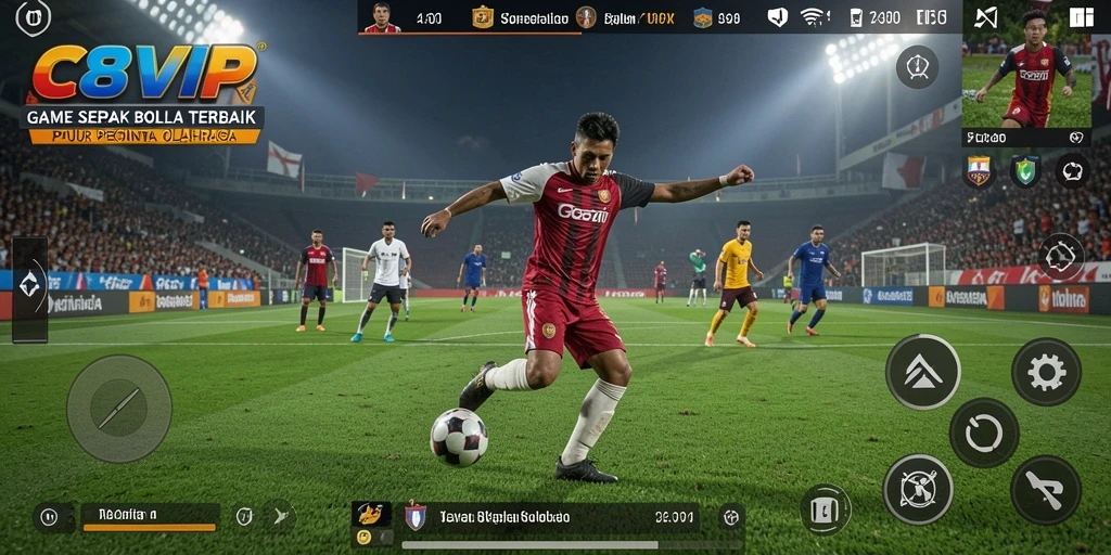 Screenshot C8VIP menampilkan aksi seru dalam permainan sepak bola.