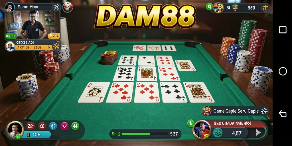 Screenshot utama DAM88 menampilkan gameplay Gaple yang menarik dan penuh aksi.