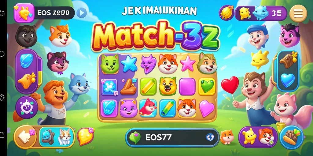 Tampilan aksi permainan Match-3 yang penuh warna di EOS77.
