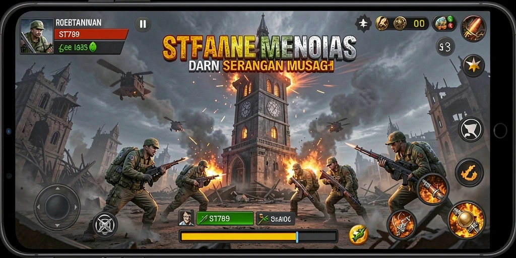 Tampilan gameplay ST789 menampilkan aksi pertahanan menara yang intens.