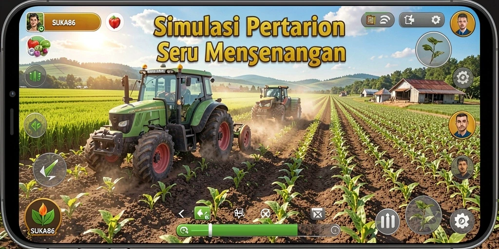 Gambaran gameplay menarik dalam SUKA86 yang menampilkan kebun dan hewan ternak.
