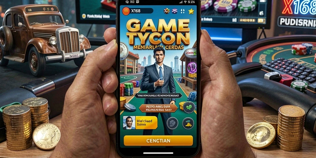 Tangkapan layar gameplay X168 yang menunjukkan pengelolaan bisnis Tycoon.